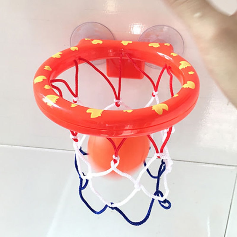 Bathroom toddler water toy: Bathtub shooting basketball hoop with 3 balls made of safe plastic, designed for improving motor skills and coordination during play.