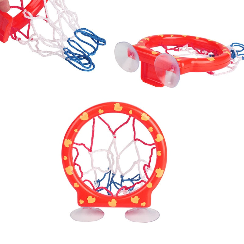 Bathroom toddler water toy: Bathtub shooting basketball hoop with 3 balls made of safe plastic, designed for improving motor skills and coordination during play.
