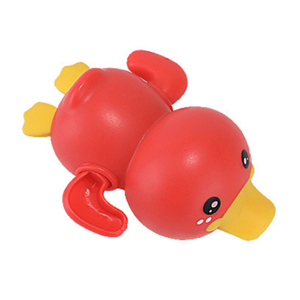 Cute red duck bath toy with clockwork mechanism for swimming and walking, perfect for bath time fun.