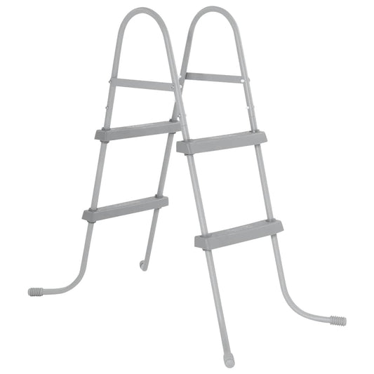Bestway Flowclear two-step pool ladder 84 cm with anti-slip steps and corrosion-resistant metal frame next to above-ground pool.