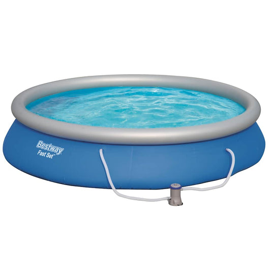 Bestway Fast Set round inflatable pool 457×84 cm set up in a garden with filter pump and repair patch.