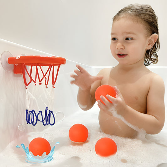 Bathroom toddler water toy: Bathtub shooting basketball hoop with 3 balls made of safe plastic, designed for improving motor skills and coordination during play.