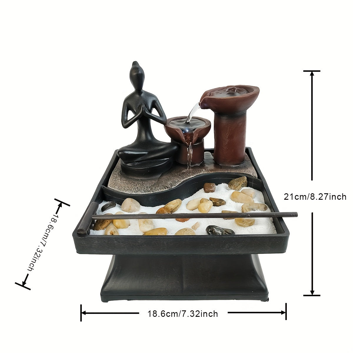 Zen meditation tabletop fountain with LED light - Dimensions
