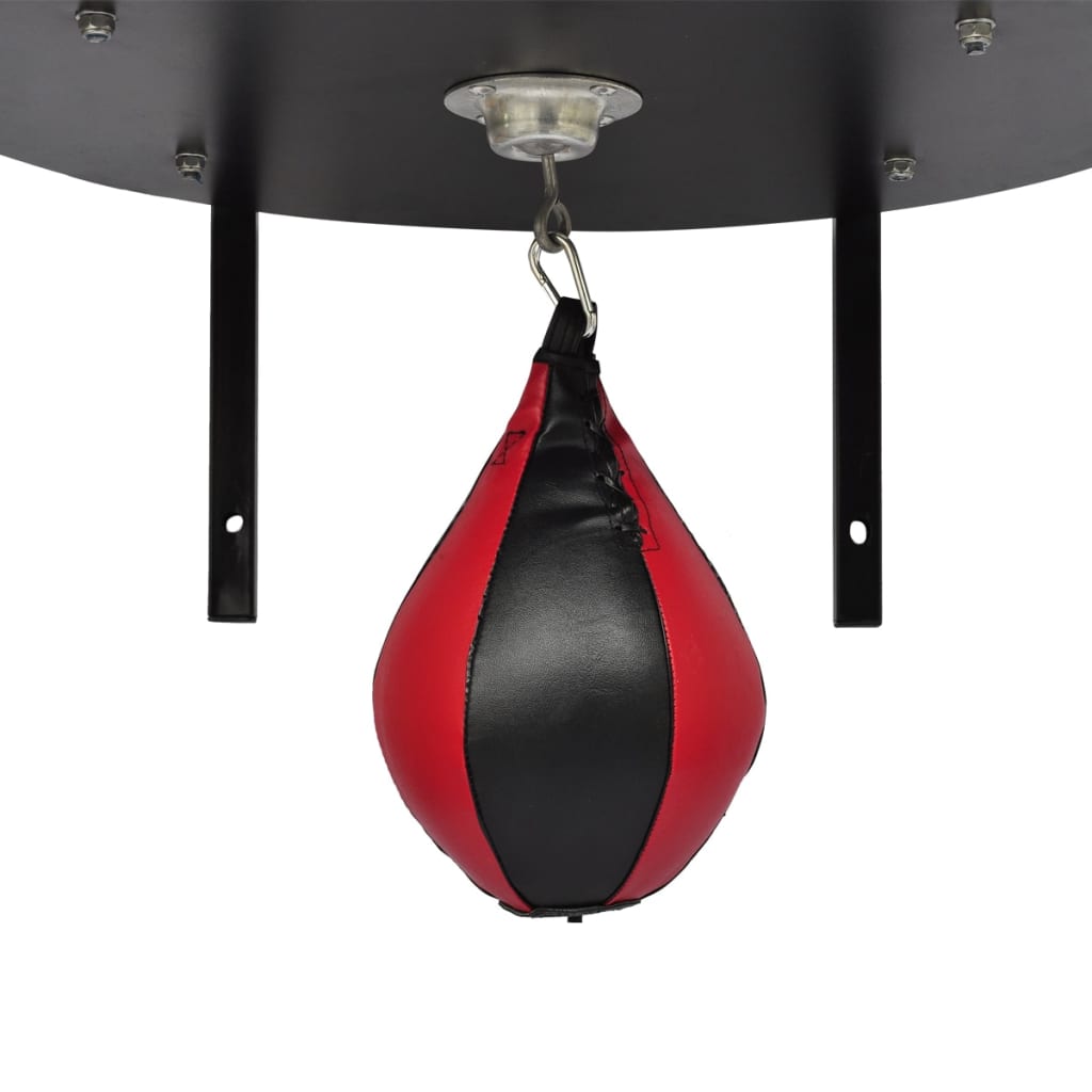 Pear-shaped speed punching bag mounted on a 360-degree rotating MDF platform with steel frame for home or gym use.