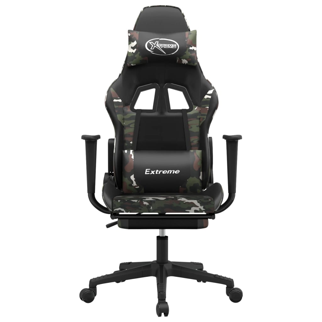 Black synthetic leather gaming chair with massage function and retractable footrest