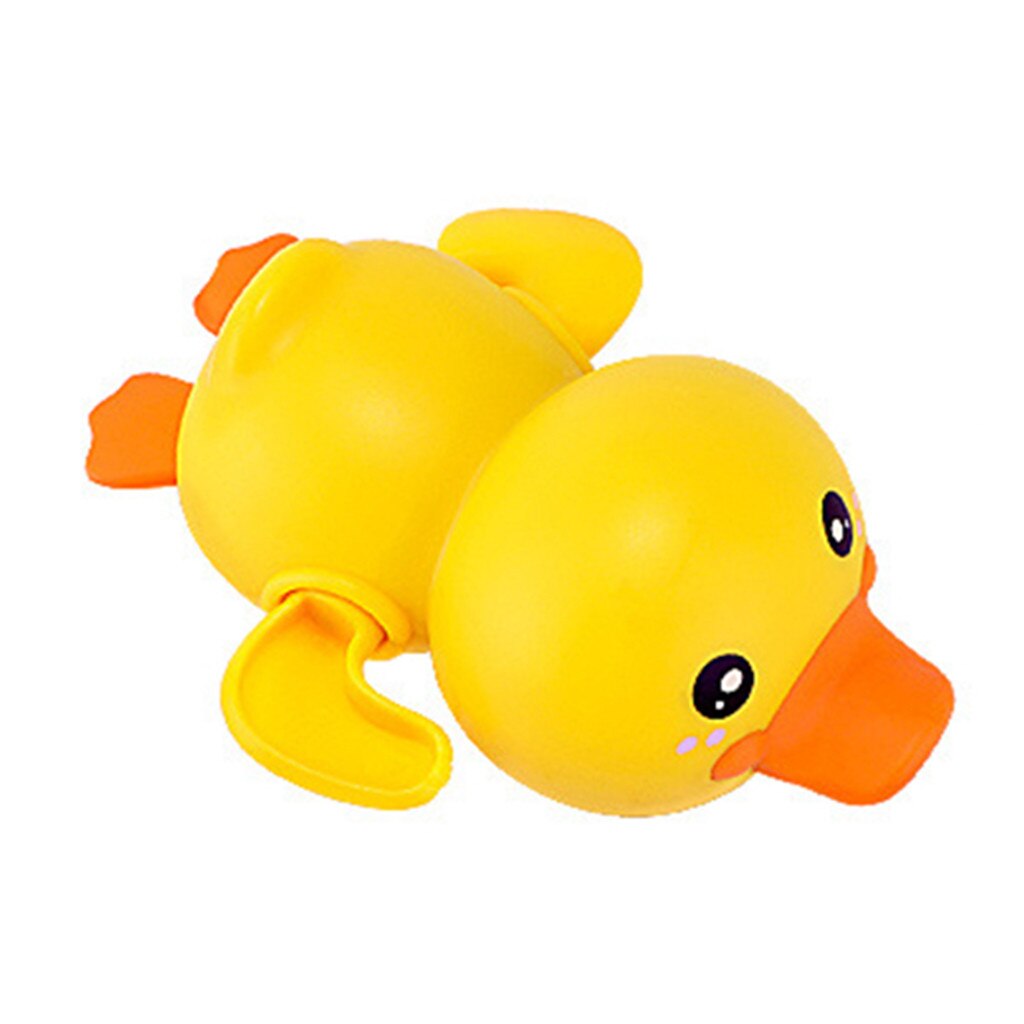 Cute yellow duck bath toy with clockwork mechanism for swimming and walking, perfect for bath time fun.