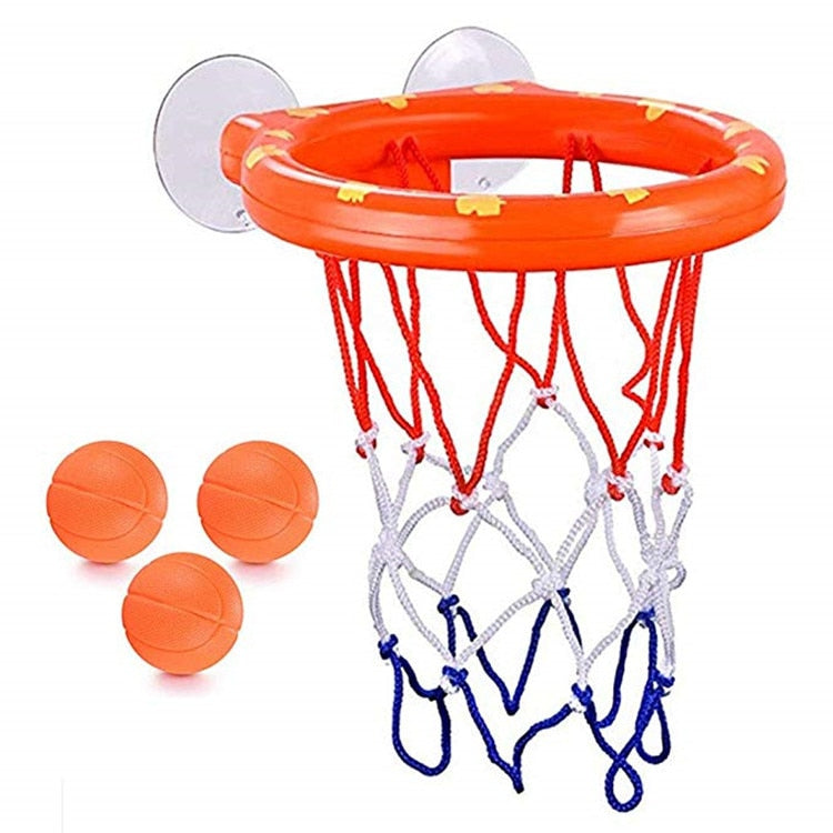 Bathroom toddler water toy: Bathtub shooting basketball hoop with 3 balls made of safe plastic, designed for improving motor skills and coordination during play.