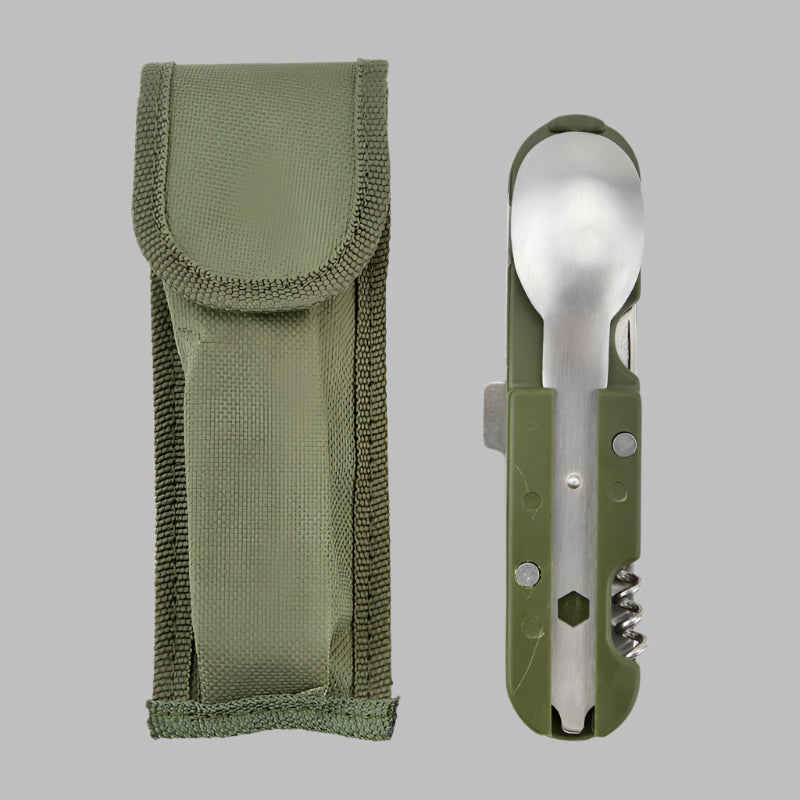 Πολυλειτουργικό camping cutlery set, συνδυασμός μαχαιριού, πιρουνιού και κουταλιού από ανοξείδωτο ατσάλι, με Oxford bag για εύκολη μεταφορά
