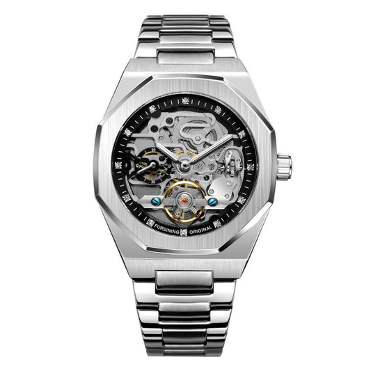Tourbillon Pure Automatic Skeleton Mechanical Watch with stainless steel band and Silver dial.