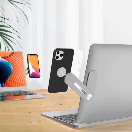 Μαγνητική βάση κινητού για multitasking, κατασκευασμένη από κράμα αλουμινίου με αναδιπλούμενη επέκταση, ιδανική για χρήση σε γραφεία και εξωτερικούς χώρους.