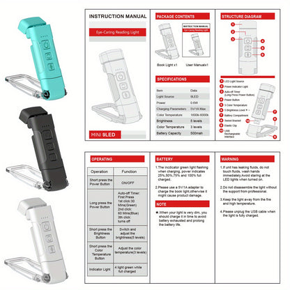 USB rechargeable HOTU Mini LED Bookmark Light with adjustable brightness and eye-care design, perfect for reading at home or office.