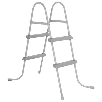 Bestway Flowclear two-step pool ladder 84 cm with anti-slip steps and corrosion-resistant metal frame next to above-ground pool.