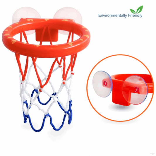 Bathroom toddler water toy: Bathtub shooting basketball hoop with 3 balls made of safe plastic, designed for improving motor skills and coordination during play.