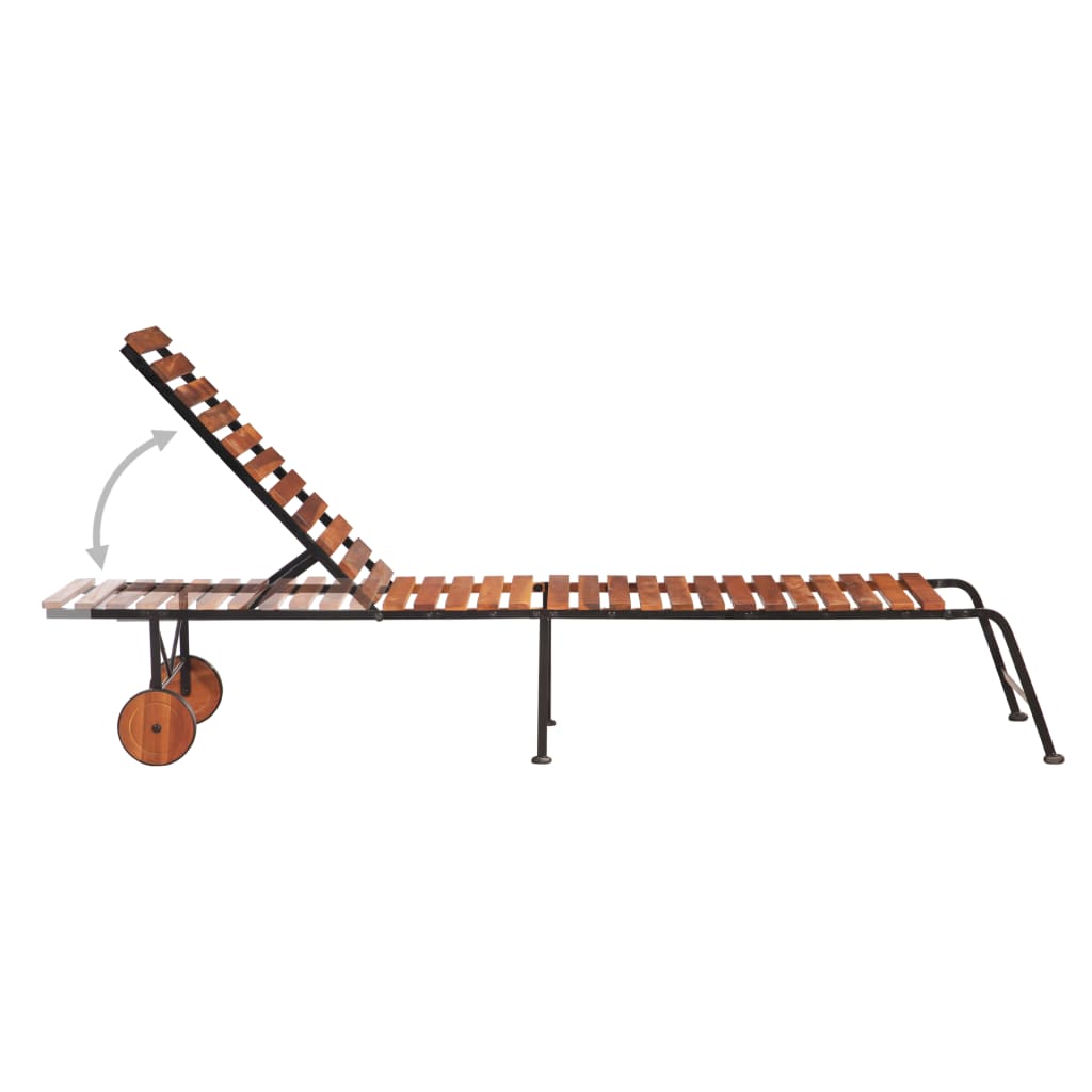 Outdoor acacia wood and steel deck chair 215×50×98 cm with adjustable three-position backrest.