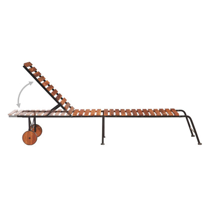 Outdoor acacia wood and steel deck chair 215×50×98 cm with adjustable three-position backrest.