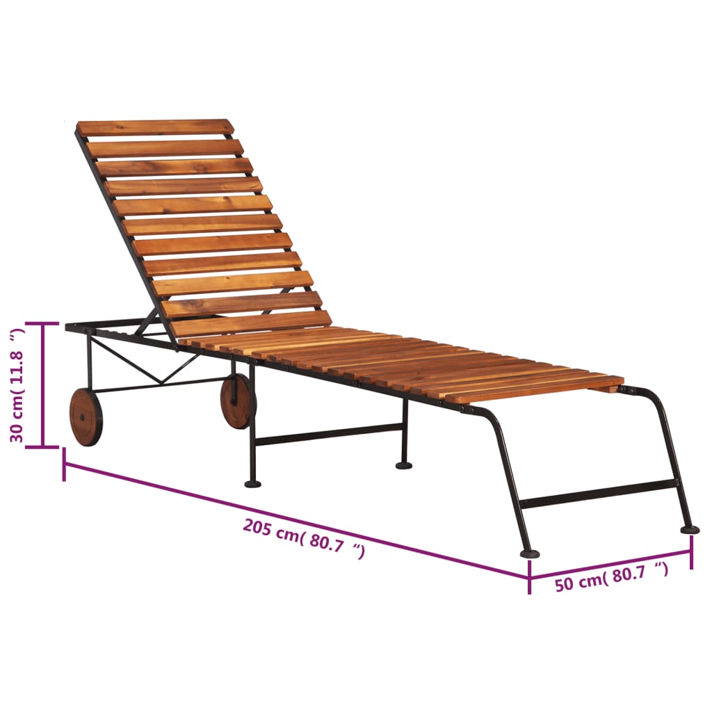 Outdoor acacia wood and steel deck chair 215×50×98 cm with adjustable three-position backrest.