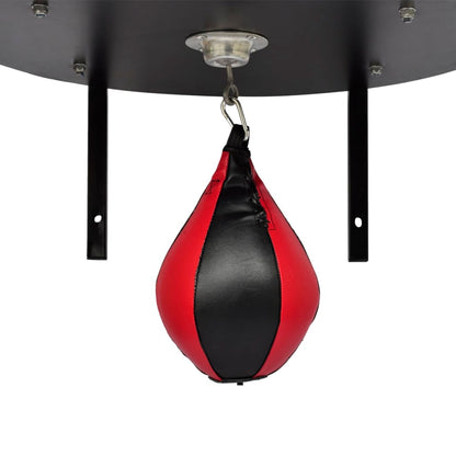 Pear-shaped speed punching bag mounted on a 360-degree rotating MDF platform with steel frame for home or gym use.