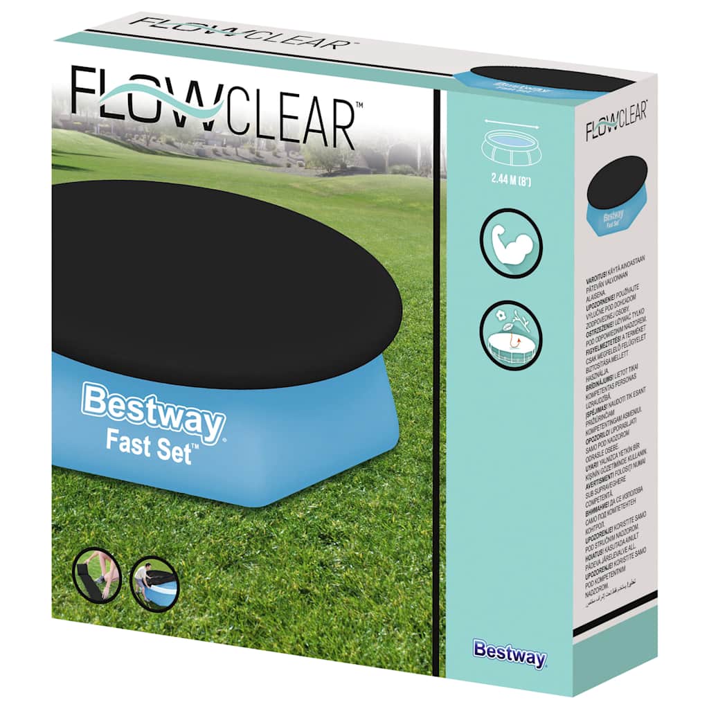 Bestway Flowclear Fast Set pool cover 240 cm made of durable PVC with drainage holes and tie-down cords.