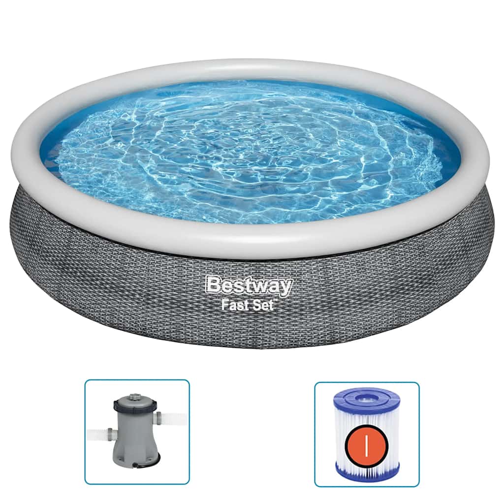 Bestway 366×76 cm round DuraPlus™ above-ground pool with rattan print walls and Flowclear™ filter pump in garden setting.
