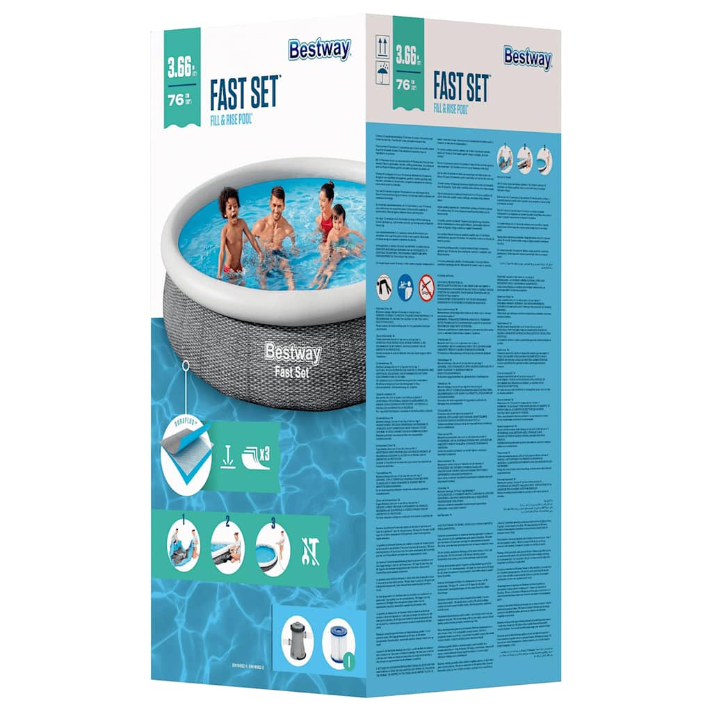 Bestway 366×76 cm round DuraPlus™ above-ground pool with rattan print walls and Flowclear™ filter pump in garden setting.
