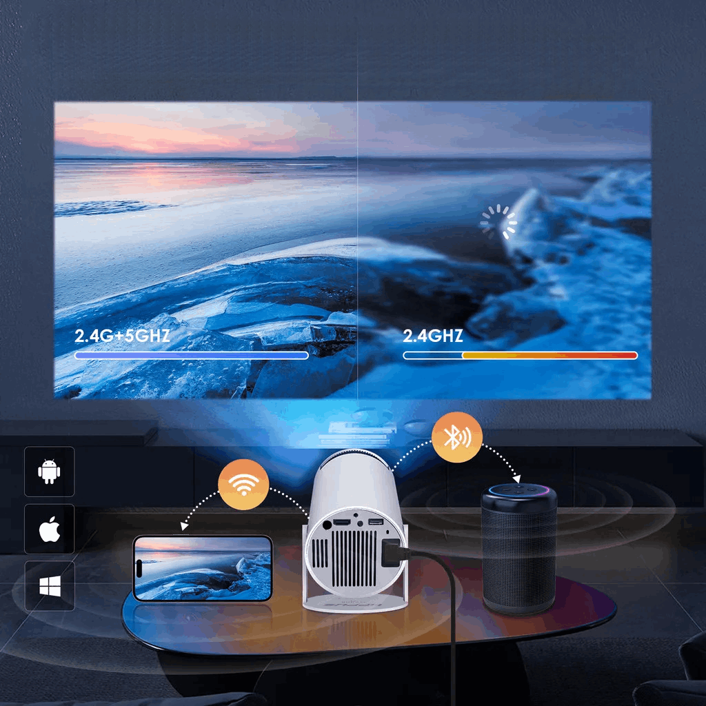 Φορητός προτζέκτορας Spotlight με Android 11 σε χρήση.