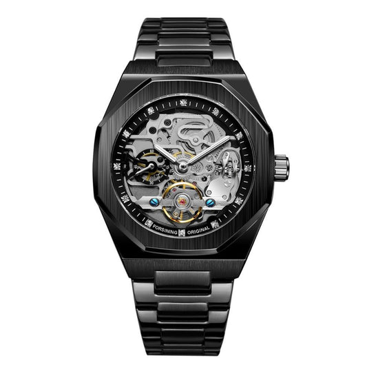 Tourbillon Pure Automatic Skeleton Mechanical Watch with stainless steel band and black dial.