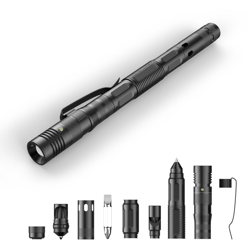 AlphaPen™ 6-in-1 multitool, showing pen, flashlight, screwdriver, whistle, bottle opener, and self-defense tip.