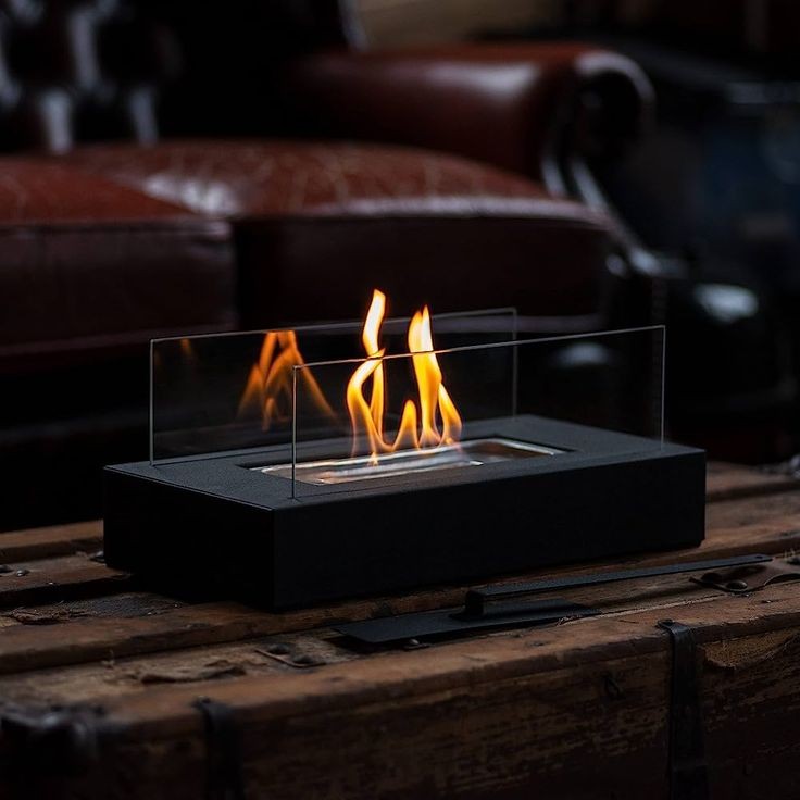 Portable bioethanol tabletop fireplace with ceramic wool for clean burning