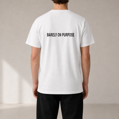 BARELY ON PURPOSE White organic statement T-shirt — realistic rear view on model